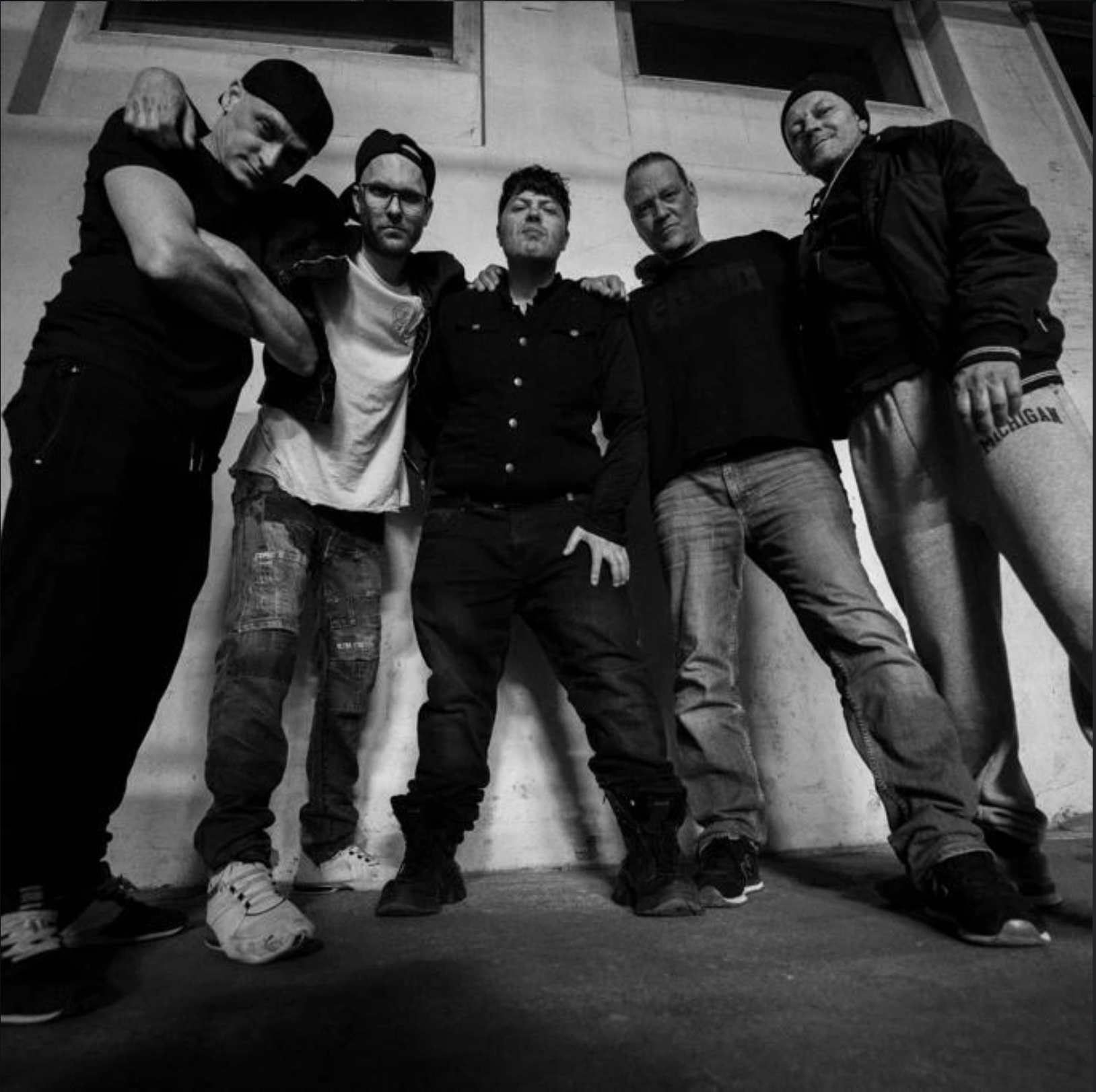 BROOK band portrait, low angle, black and white